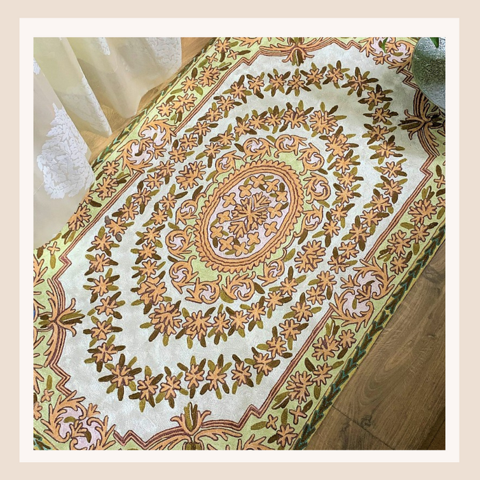 IndicHues Crewel Embroidered With Silk Thread Rug From Kashmir