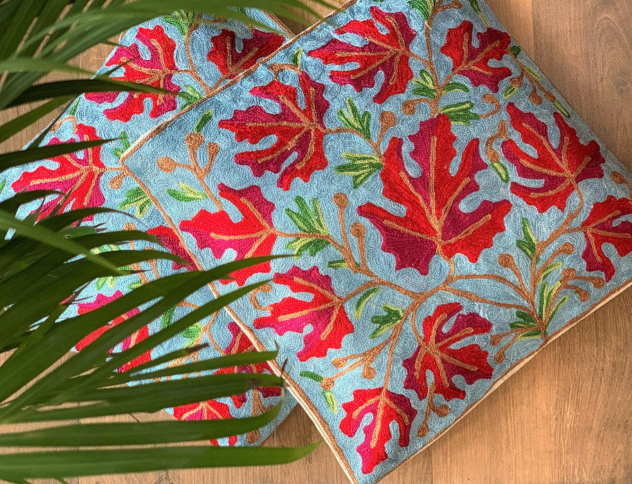 IndicHues Set of 2, Hand Embroidered Kashmiri Crewel Cushion Cover in Red Chinar motif with Light Blue Base
