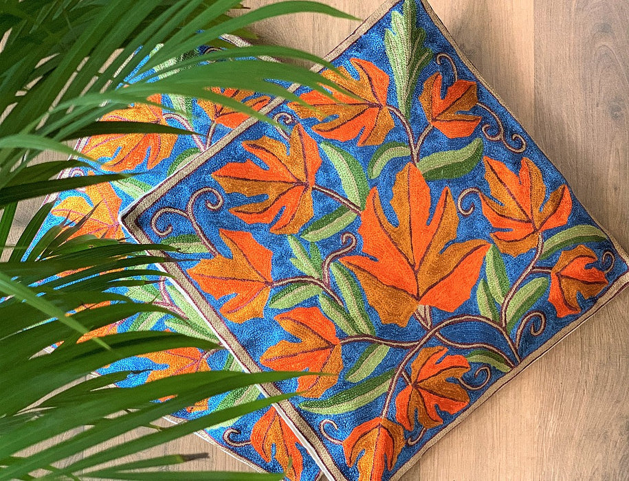 Set of 2, Hand Embroidered Crewel Cushion Covers from Kashmir