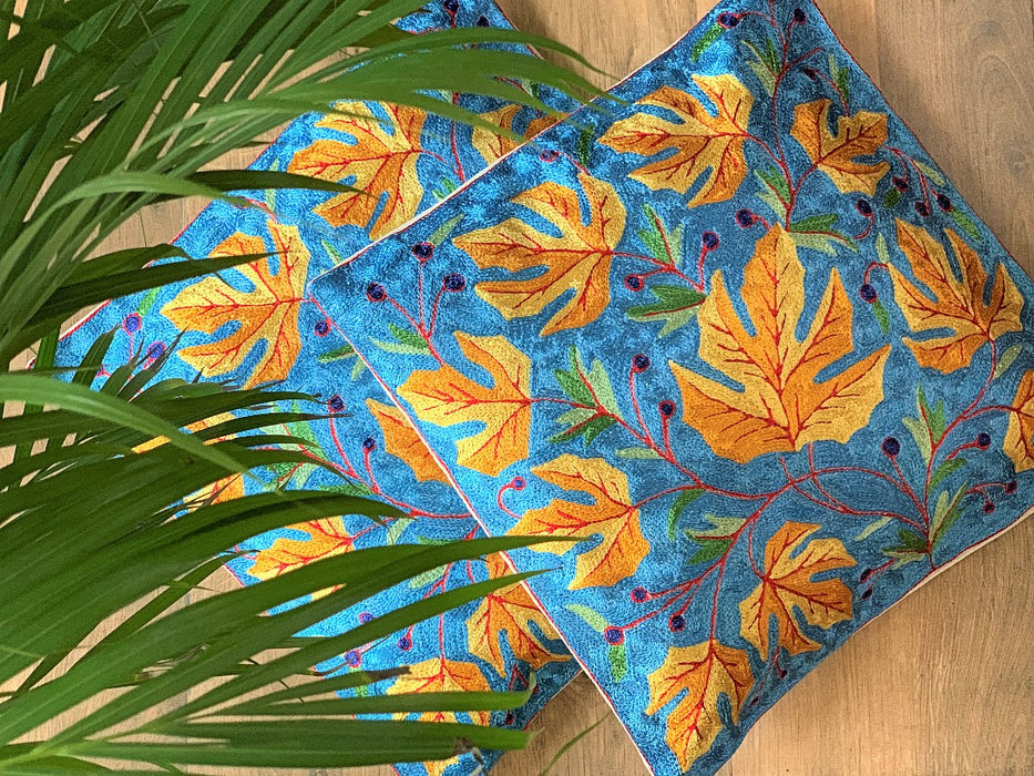 Set of 2, Hand Embroidered Crewel Cushion Covers from Kashmir