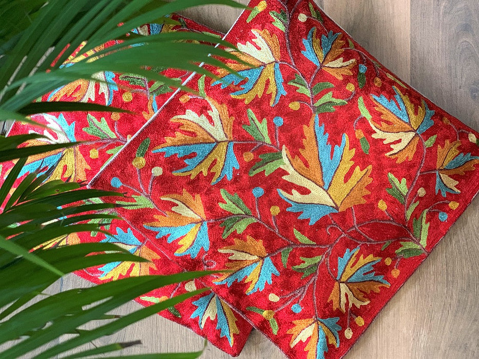 Set of 2, Hand Embroidered Crewel Cushion Covers from Kashmir