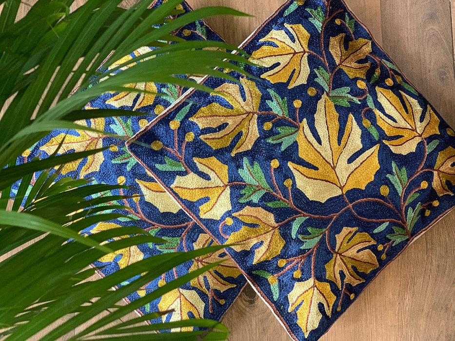 IndicHues Set of 2, Hand Embroidered Kashmiri Crewel Cushion Cover in Yellow Chinar motif with Dark Blue Base