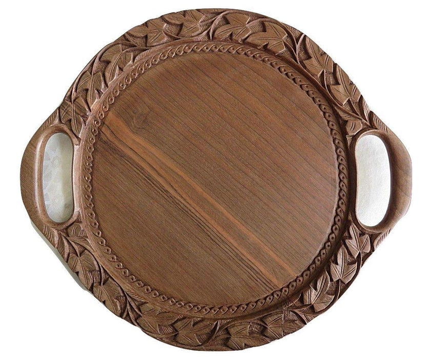 IndicHues Wooden Handmade Carved Round Serving Tray, 12 inch diameter from Kashmir