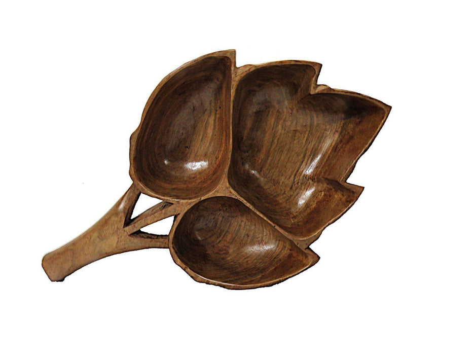 IndicHues Wooden handcrafted dry fruit bowl- three compartments with handle from Kashmir - IndicHues