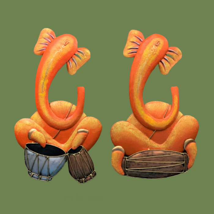 IndicHues Wrought Iron Ganesha, Set of 2 Playing Different Musical Instruments Wall Art for Home Decor