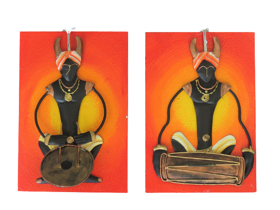 IndicHues Wrought Iron Metal Wall Art Tribal Musician, Set of 2, for Home Decor.