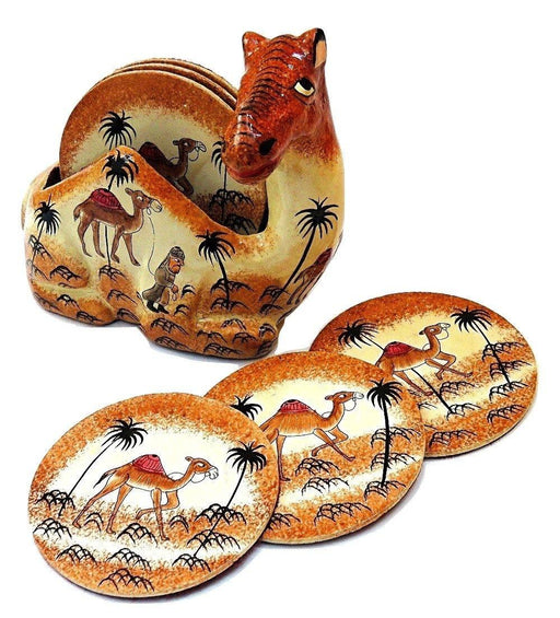 IndicHues Floral Handpainted Paper Mache Coaster set in Camel shape - IndicHues