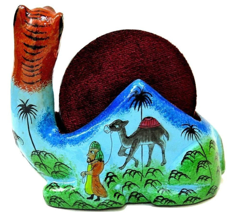 IndicHues Floral Handpainted Paper Mache Coaster set in Camel shape - IndicHues