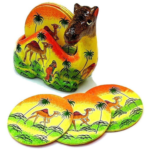 IndicHues Floral Handpainted Paper Mache Coaster set in Camel shape - IndicHues