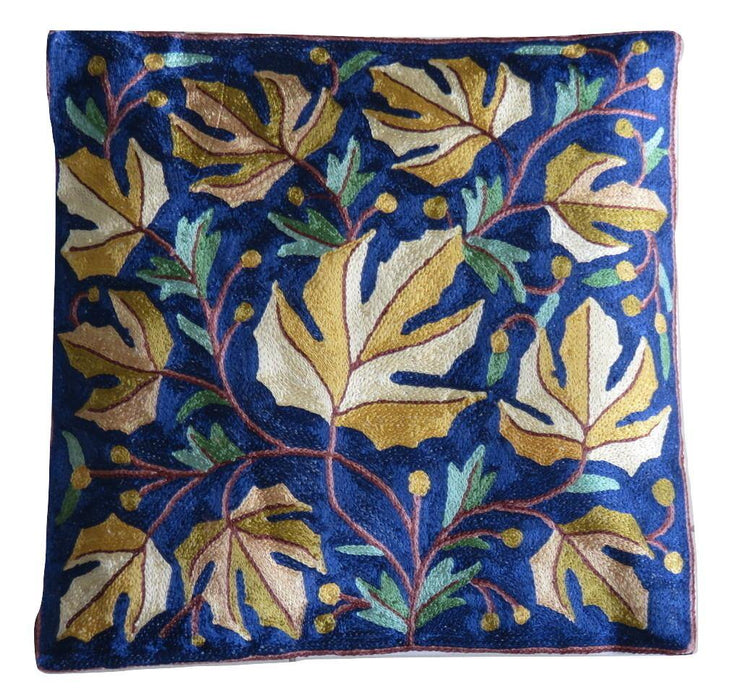IndicHues Hand Embroidered Kashmiri Crewel 16x16 Cushion Cover in Yellow Chinar motif with Dark Blue Base - IndicHues