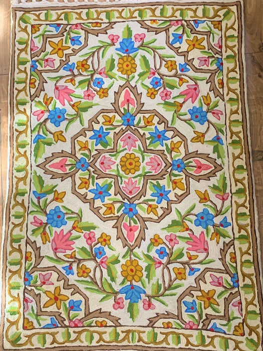 IndicHues Crewel  Embroidered With Wool Thread Rug From Kashmir