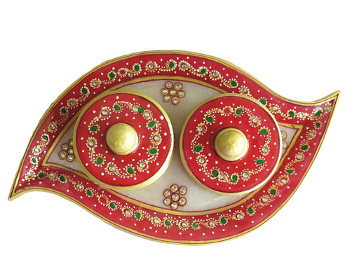 IndicHues Handmade Marble Handicraft Curvy Shaped Dry Fruit / Mouth Freshener / Mukhwas Tray With Two Boxes - IndicHues