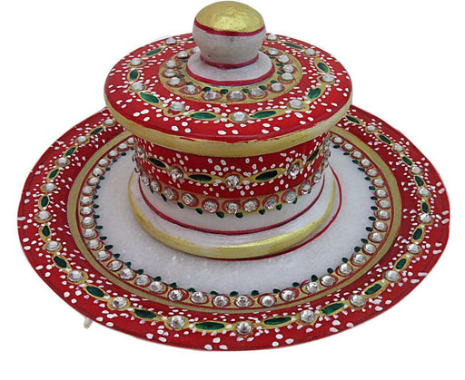 IndicHues Marble Handicraft Hand Painted Round Tray with one Dry Fruit Box / Mouth Freshner Box - IndicHues