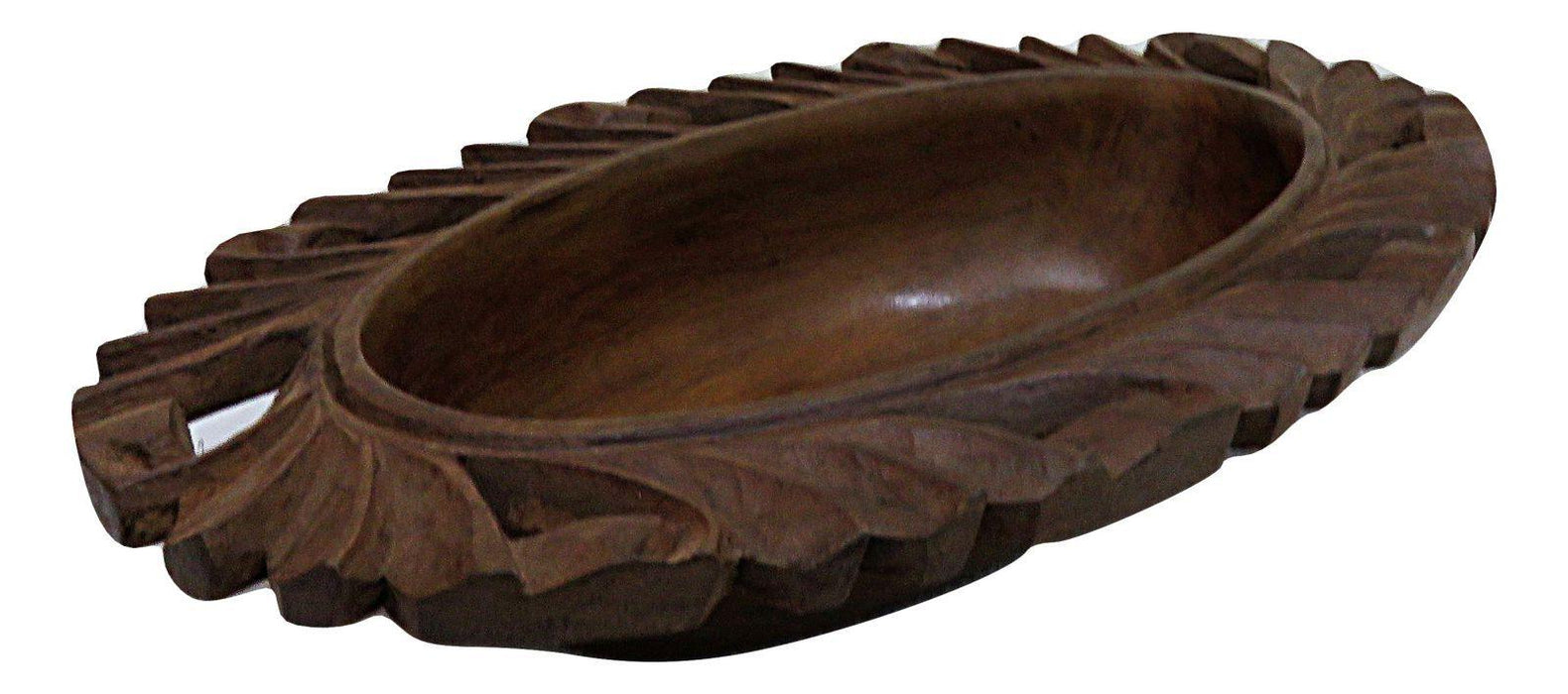 IndicHues Wooden Hand Turned Walnut Oval Bowl With Carving from Kashmir - IndicHues