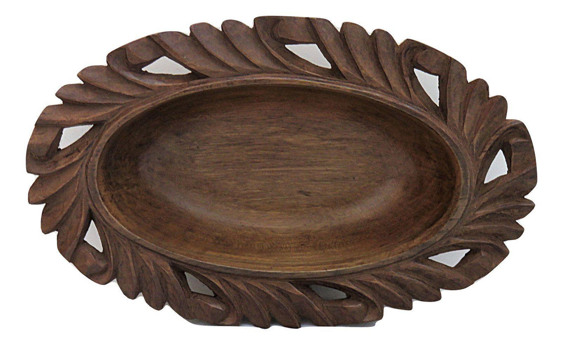 IndicHues Wooden Hand Turned Walnut Oval Bowl With Carving from Kashmir - IndicHues