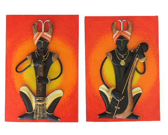 IndicHues Wrought Iron Metal Wall Art Tribal Musician, Set of 2, for Home Decor.