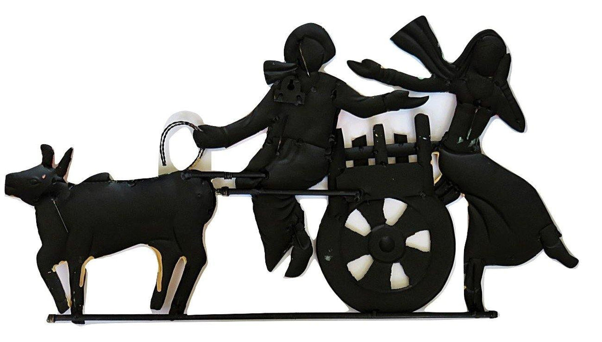 IndicHues Wrought Iron Tribal Couple On Bullock Cart Wall Art (23"x12.5") for Home Decor - IndicHues