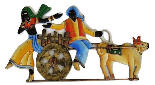 IndicHues Wrought Iron Tribal Couple On Bullock Cart Wall Art (23"x12.5") for Home Decor - IndicHues