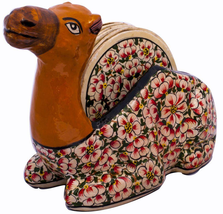 IndicHues Floral Handpainted Paper Mache Coaster set in Camel shape - IndicHues