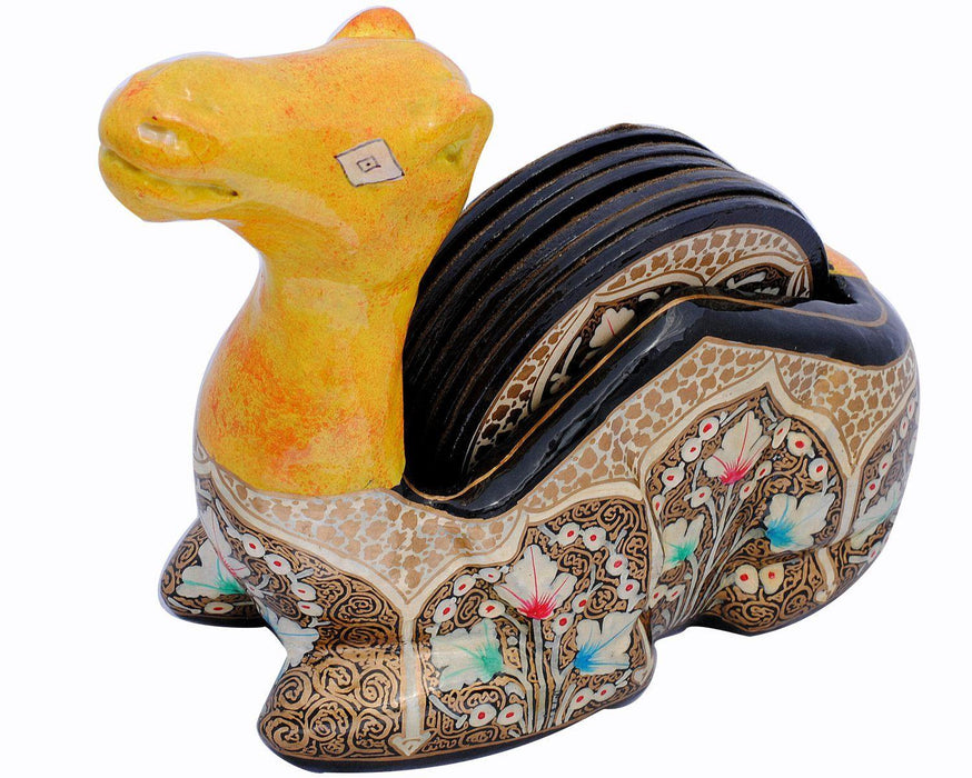 IndicHues Floral Handpainted Paper Mache Coaster set in Camel shape - IndicHues