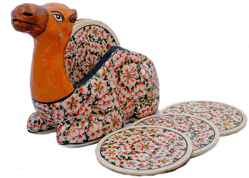 IndicHues Floral Handpainted Paper Mache Coaster set in Camel shape - IndicHues