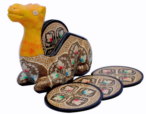 IndicHues Floral Handpainted Paper Mache Coaster set in Camel shape - IndicHues