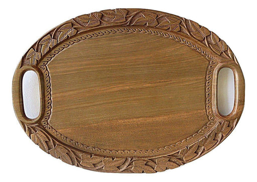 IndicHues Wooden Handmade Oval Serving Carved Tray with Chinar leave pattern from Kashmir - IndicHues