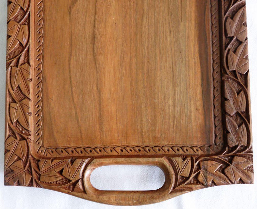 IndicHues Wooden Handmade Rectangular Serving Tray with Handles in Chinar leave motif from Kashmir