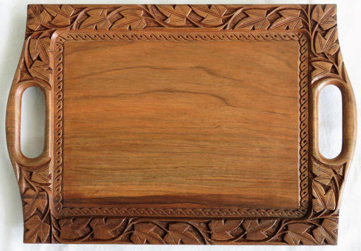 IndicHues Wooden Handmade Rectangular Serving Tray with Handles in Chinar leave motif from Kashmir